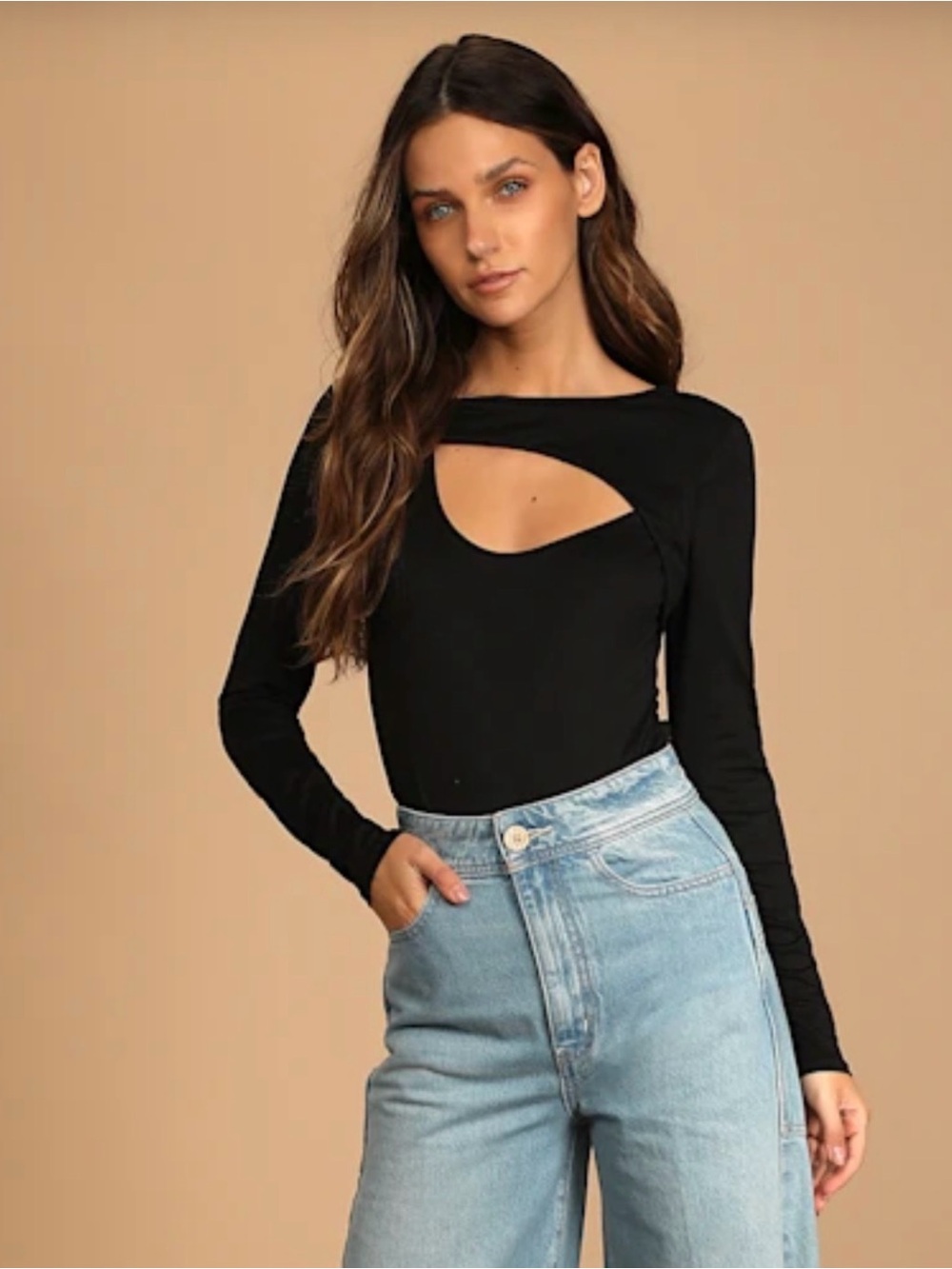 Lulu's Black Long-Sleeve Cutout Bodysuit